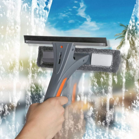 Stergător de geamuri telescopic ZMR cu pulverizator integrat, 2 lavete microfibră, racletă cauciuc, extensibil 25-193 cm, multifuncțional, gri [1]