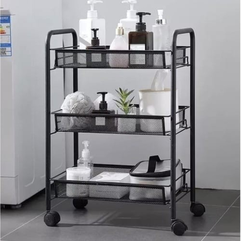 Raft cu 3 polițe și coșuri metalice ZMR, roți pivotante 360°, design modern, multifunctional, negru, 63x24x44 cm [2]