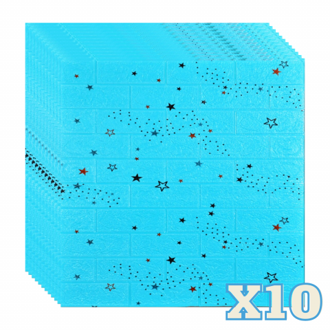 TAPET 3D AUTOADEZIV - Set 10 Panouri Decorative Autoadezive 3D ZMR, 70x77 cm, Model 'Cărămidă Albastră cu Stele Negre și Roșii'