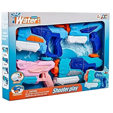 Import EmagMarketplace - Set 4 pistoale de apă ZMR, jucărie interactivă pentru plajă și piscină, PVC premium, rezervor 300 ml, pentru copii +6 ani, albastru/roz