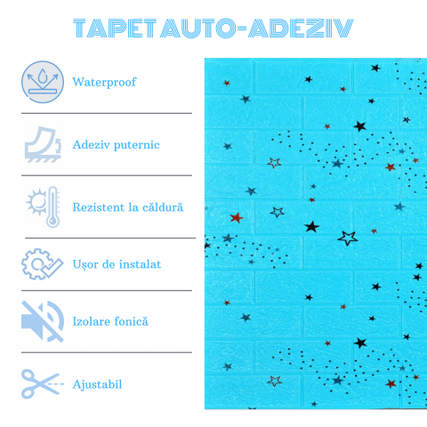 Set 10 Panouri Decorative Autoadezive 3D ZMR, 70x77 cm, Model 'Cărămidă Albastră cu Stele Negre și Roșii' [3]