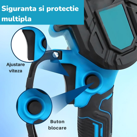 Mini Fierăstrău cu lanț ZMR 8 inch brushless, 2 baterii Li-Ion 2600 mAh, sistem lubrifiere și reglare automată, electric, portabil, albastru/negru [1]