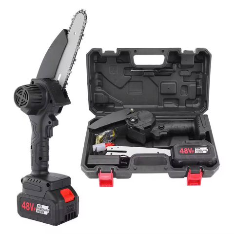 Fierastraie cu lant - Mini drujba ZMR 48V, lama 20 cm (8”), 2 acumulatori Li-Ion 48V inclusi, motor 3000W, autonomie totala 70 min, turatie 6000 rpm, lant rezerva 0.325”, lada depozitare, greutate 1.4 kg, drujba electrica