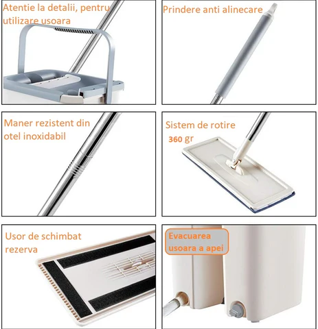 Mop Profesional cu Galeata cu Doua Cuve, Rotativ 360, Maner Telescopic Inox, Lavete Microfibra Reutilizabile [7]