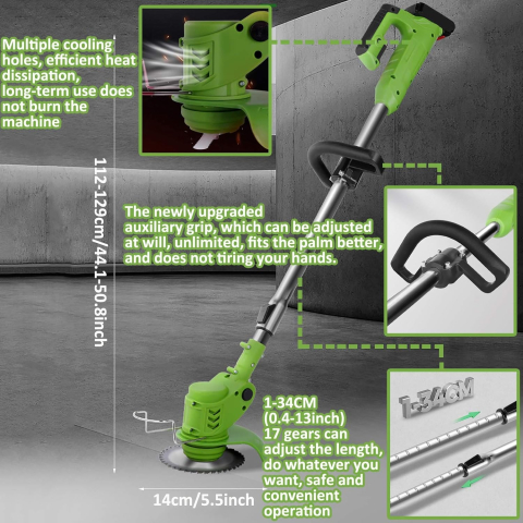 Motocoasa Electrica Profesionala ZMR 48V, 2x Acumulatori 4000mAh, 18000 RPM, Motor 1800W, Disc Metalic 15cm, 2 Cutite Otel, 5 Cutite Plastic, Brat Ajustabil 90-120cm, Cap Rotativ 90°, Autonomie 4h, In [14]