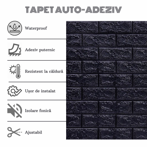 Set 10 Panouri Decorative Autoadezive 3D ZMR, 70x77 cm, Design 'Caramida Neagra', Grosime 3 mm, Material PVC, Acoperire: 5,4 mp – Eleganta Moderna pentru Peretii din Living sau Holuri [3]