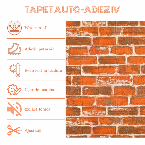 Set 10 Panouri Decorative Autoadezive 3D ZMR, 70x77 cm, Model 'Caramida Rosie', Grosime 3 mm, Material PVC Rezistent la Umiditate, Acoperire: 5,4 mp – Ideal pentru Bucatarii, Cafenele sau Spatii Rusti [3]