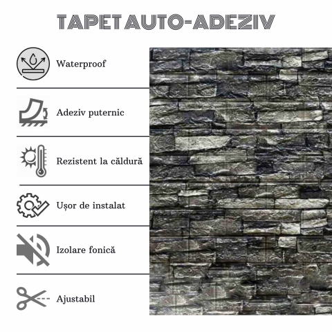Set 10 Panouri Decorative Autoadezive 3D ZMR, 70x77 cm, Textura 'Piatra Naturala Intunecata', Grosime 3 mm, Material PVC Rezistent, Acoperire: 5,4 mp – Potrivit pentru Spatii cu Design Industrial [3]