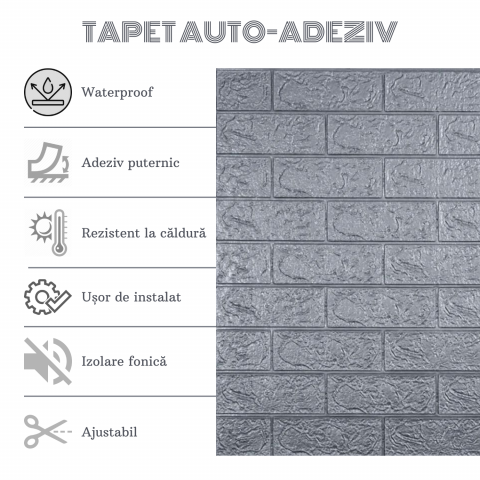 Set 10 Panouri Decorative Autoadezive 3D ZMR, 70x77 cm, Design 'Caramida Gri', Grosime 3 mm, Material PVC, Acoperire: 5,4 mp – Modern si Usor de Aplicat, Perfect pentru Spatii cu Aspect Industrial [3]