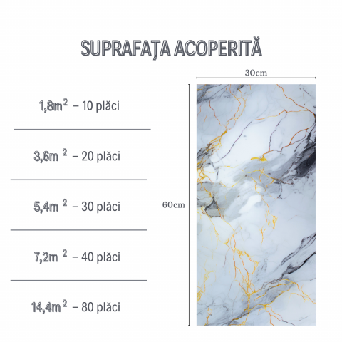 Set 10 Placi Imitatie Marmura Autoadezive ZMR, 30x60 cm, Model 'Crapaturi Aurii', Grosime 2 mm, Material PVC Impermeabil, Acoperire: 1, 8 mp – Design Luxos cu Detalii Aurii [3]