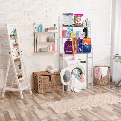 Raft Organizator pentru Baie, 3 Niveluri, Cadrul Metalic, Alb, 155x46x25 cm, Fara Gaurire, Depozitare Prosoape, Cosmetice, Produse Igiena, Montaj Usor, Picioruse Reglabile, Design Modern si Compact [6]