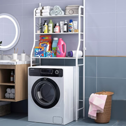 Raft Organizator pentru Baie, 3 Niveluri, Cadrul Metalic, Alb, 155x46x25 cm, Fara Gaurire, Depozitare Prosoape, Cosmetice, Produse Igiena, Montaj Usor, Picioruse Reglabile, Design Modern si Compact [9]