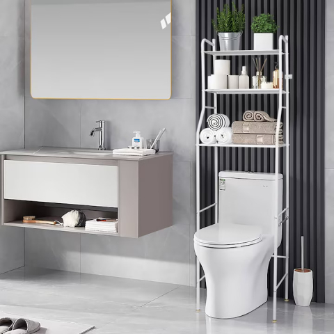 Raft Organizator pentru Baie, 3 Niveluri, Cadrul Metalic, Alb, 155x46x25 cm, Fara Gaurire, Depozitare Prosoape, Cosmetice, Produse Igiena, Montaj Usor, Picioruse Reglabile, Design Modern si Compact [8]