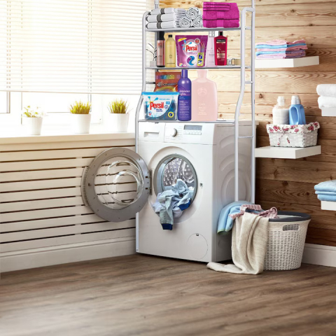 Raft Organizator pentru Baie, 3 Niveluri, Cadrul Metalic, Alb, 155x46x25 cm, Fara Gaurire, Depozitare Prosoape, Cosmetice, Produse Igiena, Montaj Usor, Picioruse Reglabile, Design Modern si Compact [4]