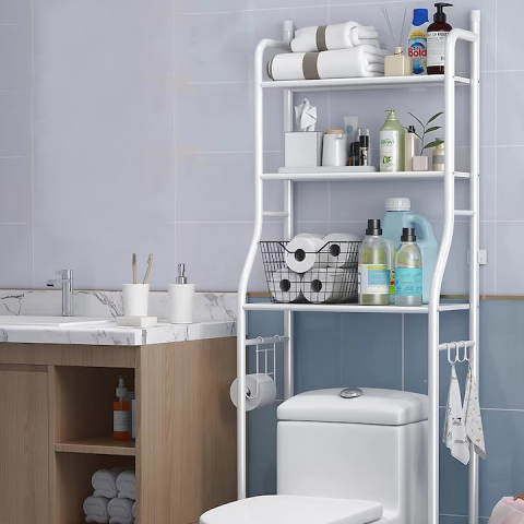 Raft Organizator pentru Baie, 3 Niveluri, Cadrul Metalic, Alb, 155x46x25 cm, Fara Gaurire, Depozitare Prosoape, Cosmetice, Produse Igiena, Montaj Usor, Picioruse Reglabile, Design Modern si Compact [11]