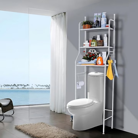 Raft Organizator pentru Baie, 3 Niveluri, Cadrul Metalic, Alb, 155x46x25 cm, Fara Gaurire, Depozitare Prosoape, Cosmetice, Produse Igiena, Montaj Usor, Picioruse Reglabile, Design Modern si Compact [7]