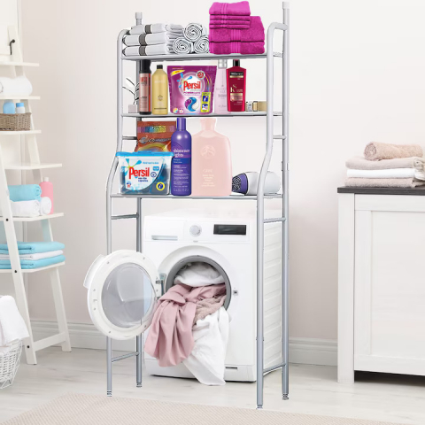 Raft Organizator pentru Baie, 3 Niveluri, Cadrul Metalic, Alb, 155x46x25 cm, Fara Gaurire, Depozitare Prosoape, Cosmetice, Produse Igiena, Montaj Usor, Picioruse Reglabile, Design Modern si Compact [10]