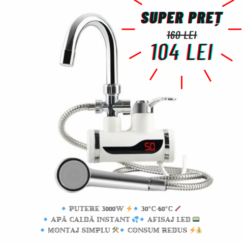 Instalații și accesorii pentru casă - Robinet Electric Instant cu Dus, Apa Calda 30-60°C, 3000W, Afisaj LED, Pipa Rotativa 360°, Debit 1.5-2L/min, Economie de Energie, Montaj Simplu, Ideal pentru Bucatarie, Baie, Case de Vacanta