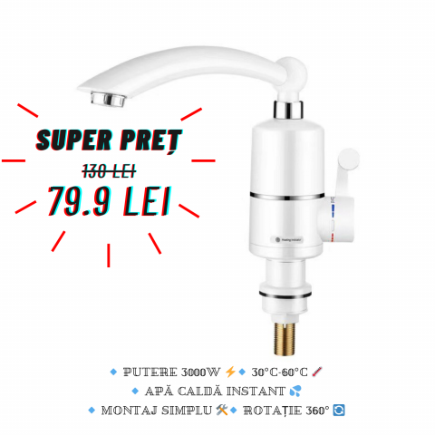 Instalații și accesorii pentru casă - Robinet Electric cu Incalzire Instantanee, Apa Calda 30-60°C, 3000W, Afisaj LED, Pipa Rotativa 360°, Debit 2.5L/min, Protectie IPX4, Instalare Rapida, Ideal pentru Bucatarie, Baie, Garaj, Case de Vaca