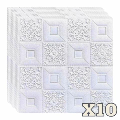 TAPET 3D AUTOADEZIV - Set 10 Panouri Decorative Autoadezive 3D ZMR, 70x77 cm, Model 'Floral Alb in Relief', Grosime 3 mm, Material PVC Rezistent, Acoperire: 5,4 mp – Ideal pentru Tavane si Pereti din Dormitoare sau Saloane