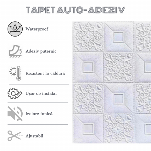 Set 10 Panouri Decorative Autoadezive 3D ZMR, 70x77 cm, Model 'Floral Alb in Relief', Grosime 3 mm, Material PVC Rezistent, Acoperire: 5,4 mp – Ideal pentru Tavane si Pereti din Dormitoare sau Saloane [1]