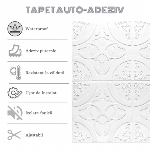 Set 10 Panouri Decorative Autoadezive 3D ZMR, 70x77 cm, Model 'Floral Clasic Alb', Grosime 3 mm, Material PVC Rezistent la Apa, Acoperire: 5,4 mp – Decoruri Clasice pentru Spatii Moderne [1]