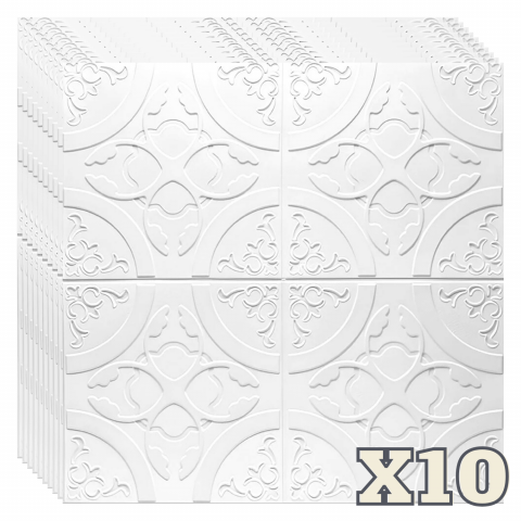 TAPET 3D AUTOADEZIV - Set 10 Panouri Decorative Autoadezive 3D ZMR, 70x77 cm, Model 'Floral Clasic Alb', Grosime 3 mm, Material PVC Rezistent la Apa, Acoperire: 5,4 mp – Decoruri Clasice pentru Spatii Moderne