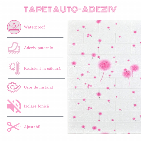 Set 10 Panouri Decorative Autoadezive 3D ZMR, 70x77 cm, Model 'Puf Roz de Papadie', Grosime 3 mm, Material PVC Rezistent la Apa, Acoperire: 5,4 mp – Transformare Rapida si Eleganta a Peretilor [1]