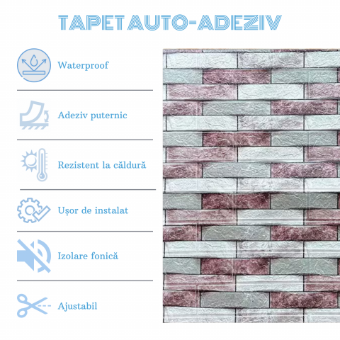 Set 10 Panouri Decorative Autoadezive 3D ZMR, 70x77 cm, Model 'Cărămidă Alb-Gri-Roz în Relief' [3]