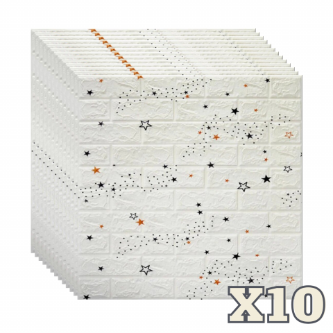 TAPET 3D AUTOADEZIV - Set 10 Panouri Decorative Autoadezive 3D ZMR, 70x77 cm, Model 'Cărămidă Albă cu Stele Negre și Portocalii'