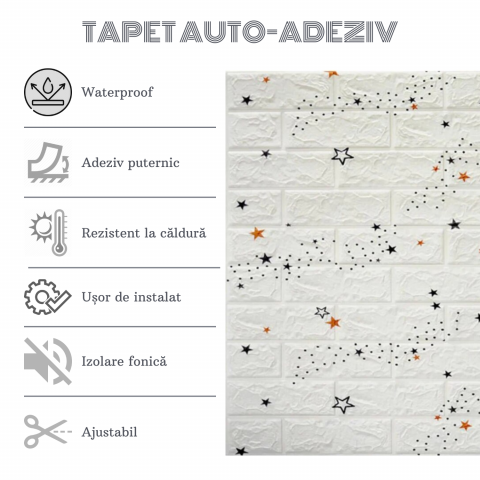 Set 10 Panouri Decorative Autoadezive 3D ZMR, 70x77 cm, Model 'Cărămidă Albă cu Stele Negre și Portocalii' [3]