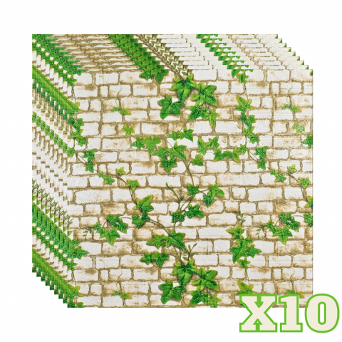 TAPET 3D AUTOADEZIV - Set 10 Panouri Decorative Autoadezive 3D ZMR, 70x77 cm, Model 'Cărămidă Albă cu Viță de Vie Verde'