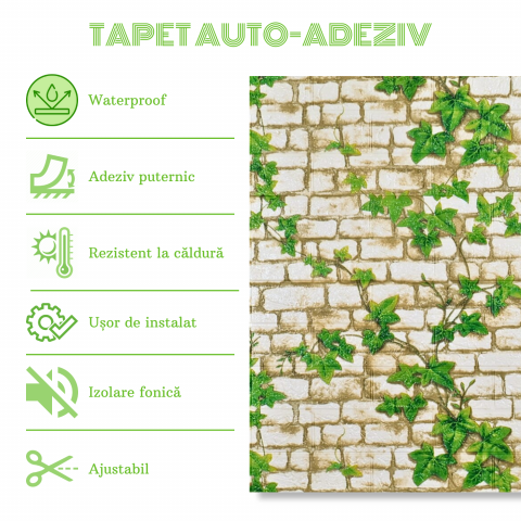 Set 10 Panouri Decorative Autoadezive 3D ZMR, 70x77 cm, Model 'Cărămidă Albă cu Viță de Vie Verde' [3]