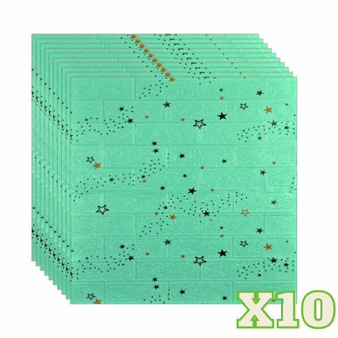 TAPET 3D AUTOADEZIV - Set 10 Panouri Decorative Autoadezive 3D ZMR, 70x77 cm, Model 'Cărămidă Verde Mentă cu Stele Negre și Portocalii'