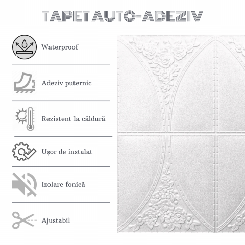 Set 10 Panouri Decorative Autoadezive 3D ZMR, 70x70 cm, Model 'Floral Arc Alb', Grosime 3 mm, Material PVC Rezistent la Apa, Acoperire: 4, 9 mp – Design Floral Clasic pentru Spatii Distinse [3]