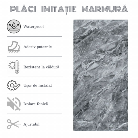 Set 10 Placi Imitatie Marmura Autoadezive ZMR, 30x60 cm, Design 'Marmura Gri Moderna', Grosime 2 mm, Material PVC Impermeabil, Acoperire: 1,8 mp – Perfecte pentru Bucatarii, Holuri sau Zone de Accent [3]
