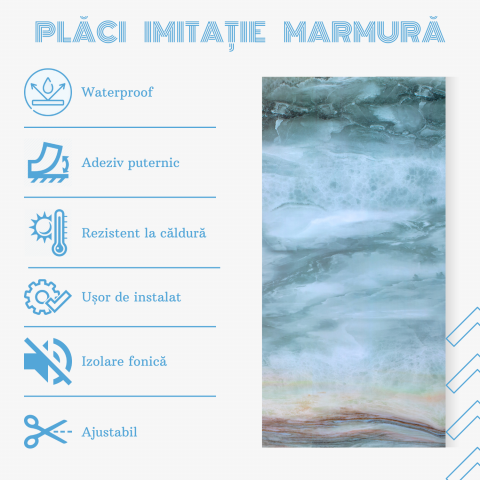 Set 10 Plăci Imitatie Marmură Autoadezive ZMR, 30x60 cm, Model 'Azur Tranquil', Grosime 2 mm, Material PVC Impermeabil, Acoperire: 1,8 mp – Pentru Interioare Moderne și Relaxante - ZMR [3]
