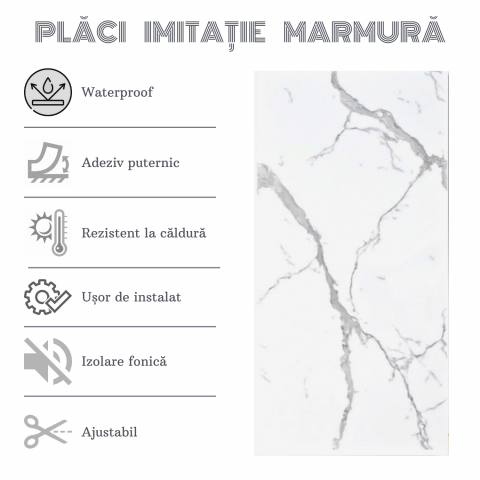 Set 10 Placi Imitatie Marmura Autoadezive ZMR, 30x60 cm, Design 'Marmura Alba', Grosime 2 mm, Material PVC Impermeabil, Acoperire: 1,8 mp – Potrivite pentru Peretii din Bucatarii sau Bai [3]