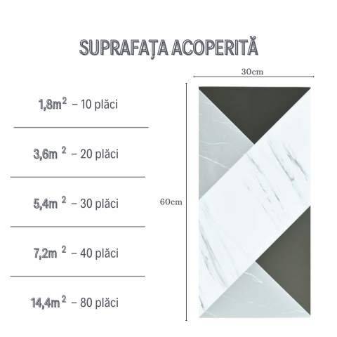 Set 10 Plăci Imitatie Marmură Autoadezive ZMR, 30x60 cm, Model 'Contrast Modern', Grosime 2 mm, Material PVC Impermeabil, Acoperire: 1,8 mp – Ideal pentru Interioare Contemporane - ZMR [2]
