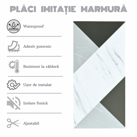 Set 10 Plăci Imitatie Marmură Autoadezive ZMR, 30x60 cm, Model 'Contrast Modern', Grosime 2 mm, Material PVC Impermeabil, Acoperire: 1,8 mp – Ideal pentru Interioare Contemporane - ZMR [3]