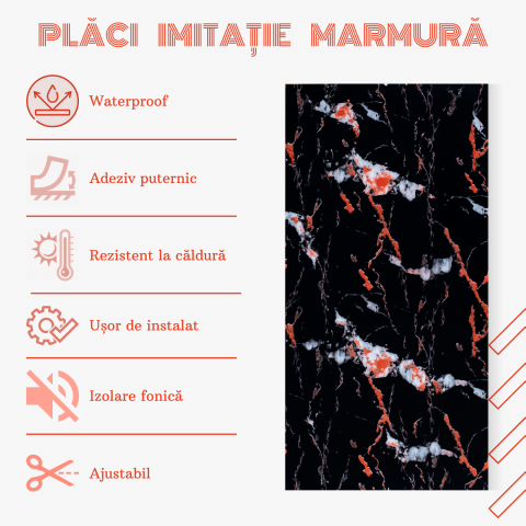 Set 10 Placi Imitatie Marmura Autoadezive ZMR, 30x60 cm, Model 'Focul Nocturn', Grosime 2 mm, Material PVC Impermeabil, Acoperire: 1, 8 mp – Tonuri Dramatic de Negru si Rosu [3]