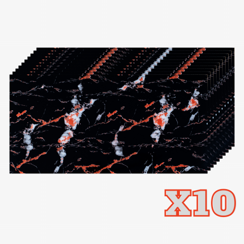 Placi Imitatie Marmura Autoadezive - Set 10 Placi Imitatie Marmura Autoadezive ZMR, 30x60 cm, Model 'Focul Nocturn', Grosime 2 mm, Material PVC Impermeabil, Acoperire: 1, 8 mp – Tonuri Dramatic de Negru si Rosu