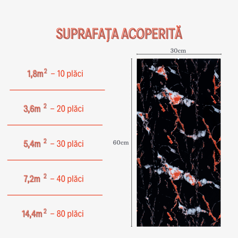 Set 10 Placi Imitatie Marmura Autoadezive ZMR, 30x60 cm, Model 'Focul Nocturn', Grosime 2 mm, Material PVC Impermeabil, Acoperire: 1, 8 mp – Tonuri Dramatic de Negru si Rosu [2]
