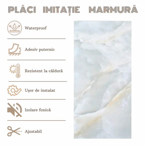 Set 10 Placi Imitatie Marmura Autoadezive ZMR, 30x60 cm, Model 'Marmura Alba', Grosime 2 mm, Material PVC Impermeabil, Acoperire: 1,8 mp – Perfecte pentru Spatii Umede precum Bai sau Bucatarii [3]