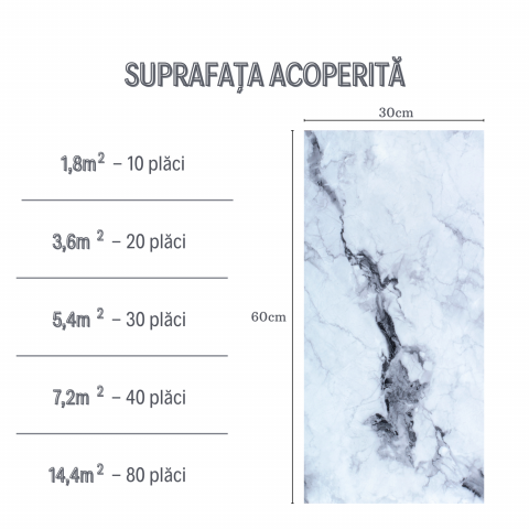 Set 10 Placi Imitatie Marmura Autoadezive ZMR, 30x60 cm, Model 'Reflexii de Gheata', Grosime 2 mm, Material PVC Impermeabil, Acoperire: 1, 8 mp – Eleganta Minimalista pentru Spatii Modern [2]