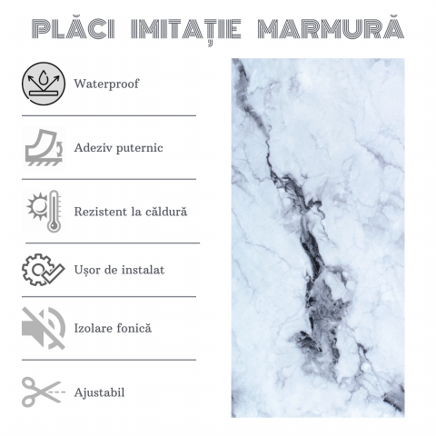 Set 10 Placi Imitatie Marmura Autoadezive ZMR, 30x60 cm, Model 'Reflexii de Gheata', Grosime 2 mm, Material PVC Impermeabil, Acoperire: 1, 8 mp – Eleganta Minimalista pentru Spatii Modern [3]