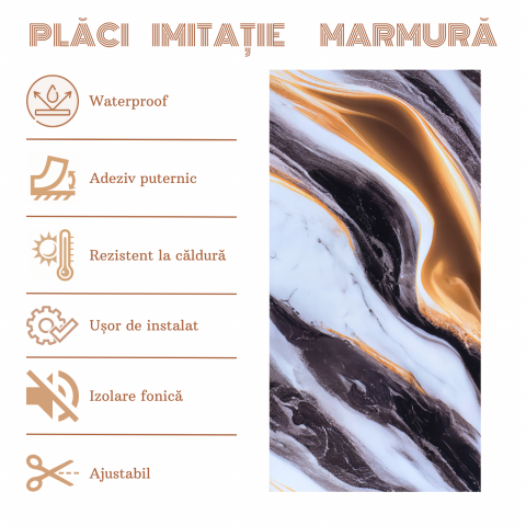 Set 10 Placi Imitatie Marmura Autoadezive ZMR, 30x60 cm, Model 'Valurile Soarelui', Grosime 2 mm, Material PVC Impermeabil, Acoperire: 1, 8 mp – Accente Aurii pentru Interioare Luminoase [1]