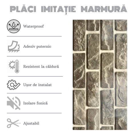 Set 10 Placi Imitatie Marmura Autoadezive ZMR, 30x60 cm, Textura 'Piatra Gri', Grosime 2 mm, Material PVC Rezistent, Acoperire: 1,8 mp – Eleganta si Stil pentru Camerele Tale [3]
