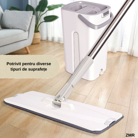 Set Mop Profesional ZMR cu Galeata si 2 Lavete din Microfibra, Functie de Autostoarcere, 360° Rotatie, Plastic si Metal Rezistent, Ideal pentru Podele din Lemn, Gresie si Linoleum, Culoare Alb [6]