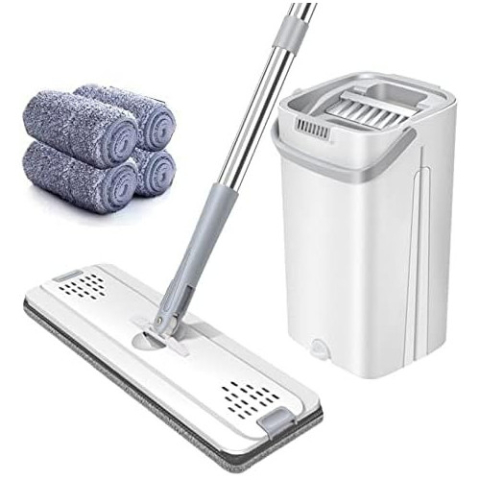 Set Mop Profesional ZMR cu Galeata si 2 Lavete din Microfibra, Functie de Autostoarcere, 360° Rotatie, Plastic si Metal Rezistent, Ideal pentru Podele din Lemn, Gresie si Linoleum, Culoare Alb [1]